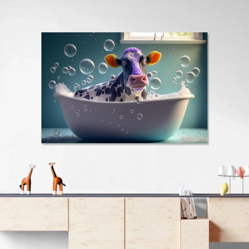 Picture of Cow In Bathtub au dessus d'un meuble bas