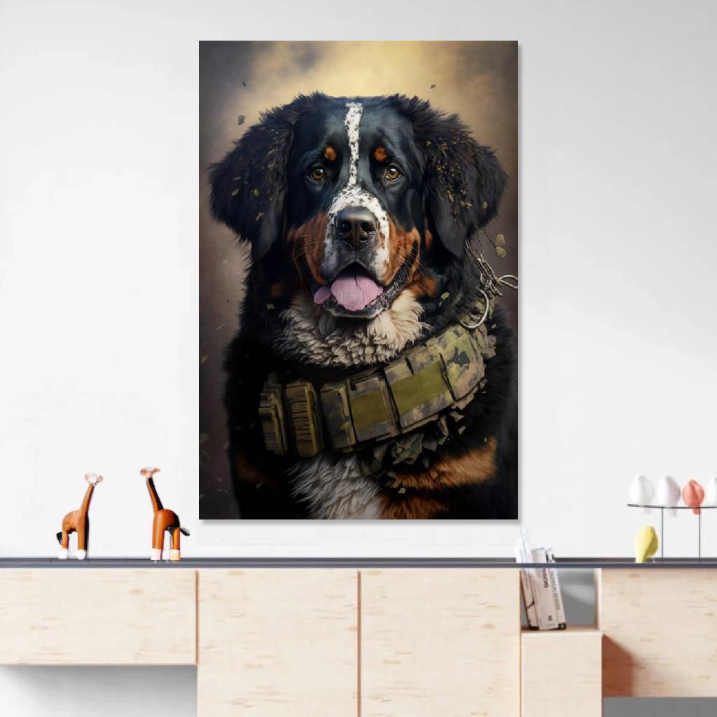 Picture of Bernese mountain dog Soldier au dessus d'un meuble bas
