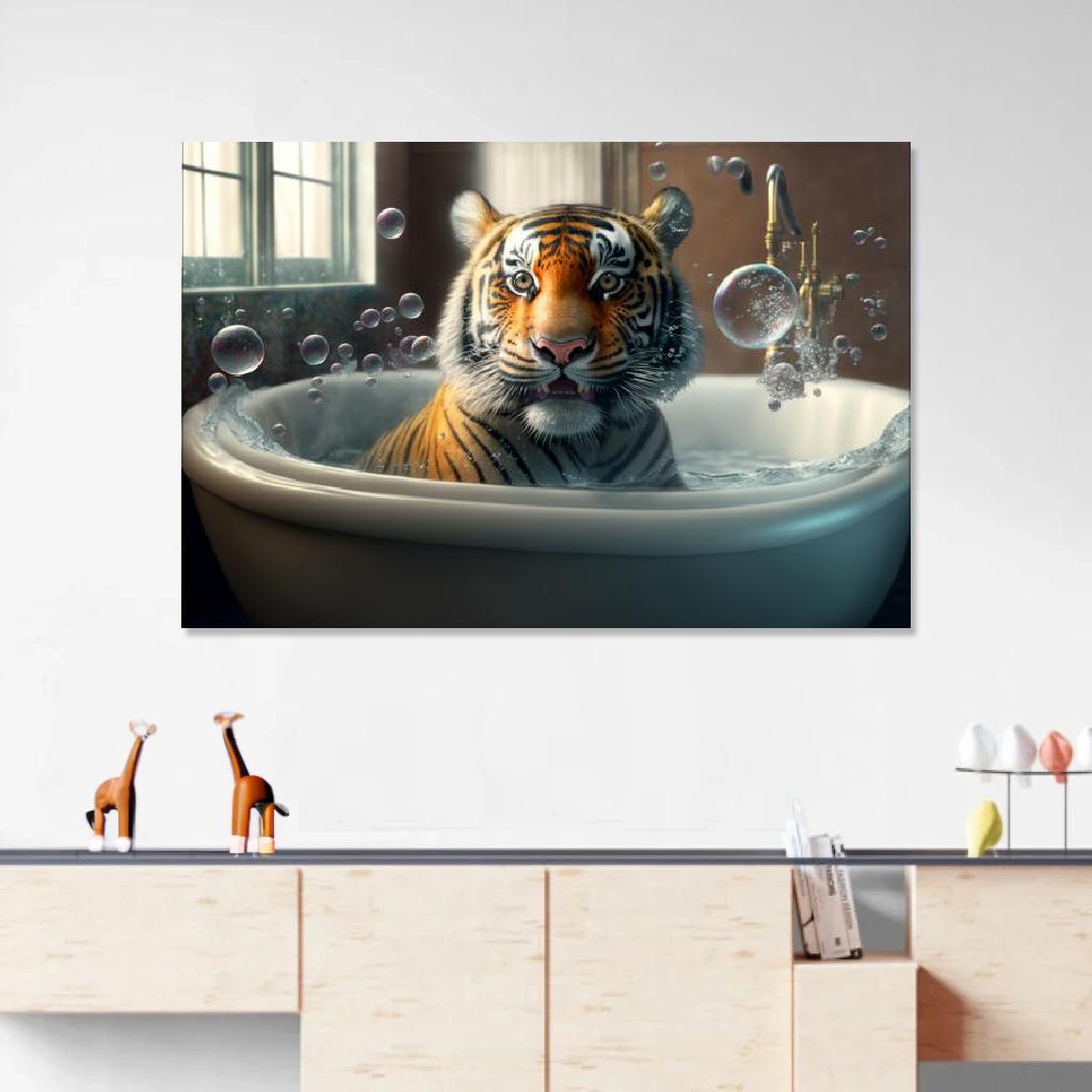 Picture of Tiger In Bathtub au dessus d'un meuble bas