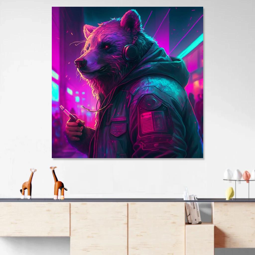 Picture of Bear Synthwave au dessus d'un meuble bas