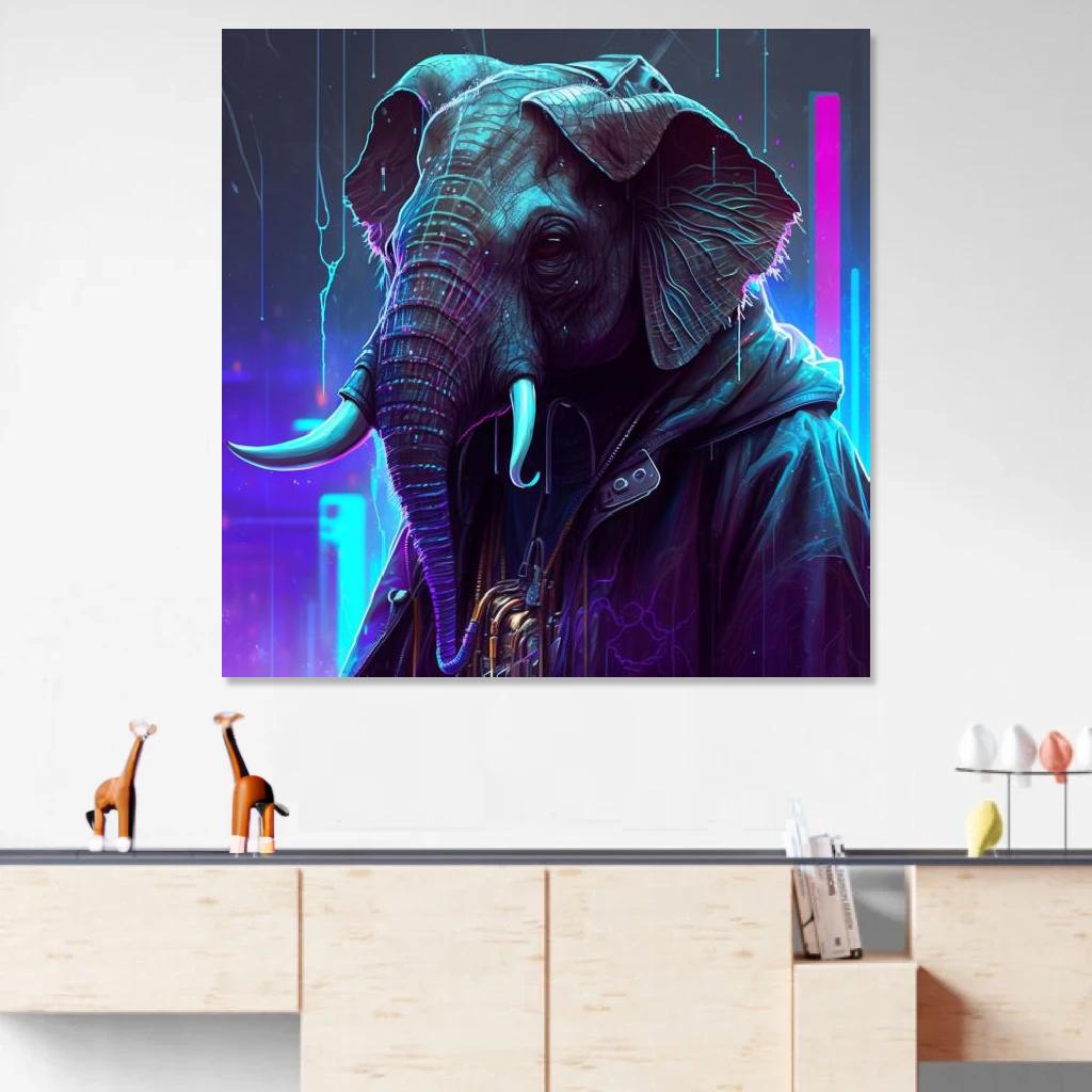 Picture of Elephant Synthwave au dessus d'un meuble bas