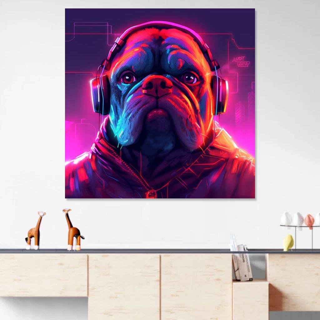 Picture of Bulldog Synthwave au dessus d'un meuble bas