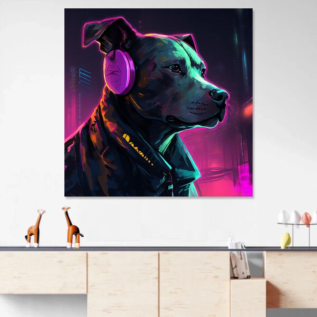 Picture of Pit bull Synthwave au dessus d'un meuble bas