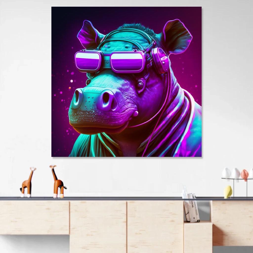 Picture of Hippopotamus Synthwave au dessus d'un meuble bas
