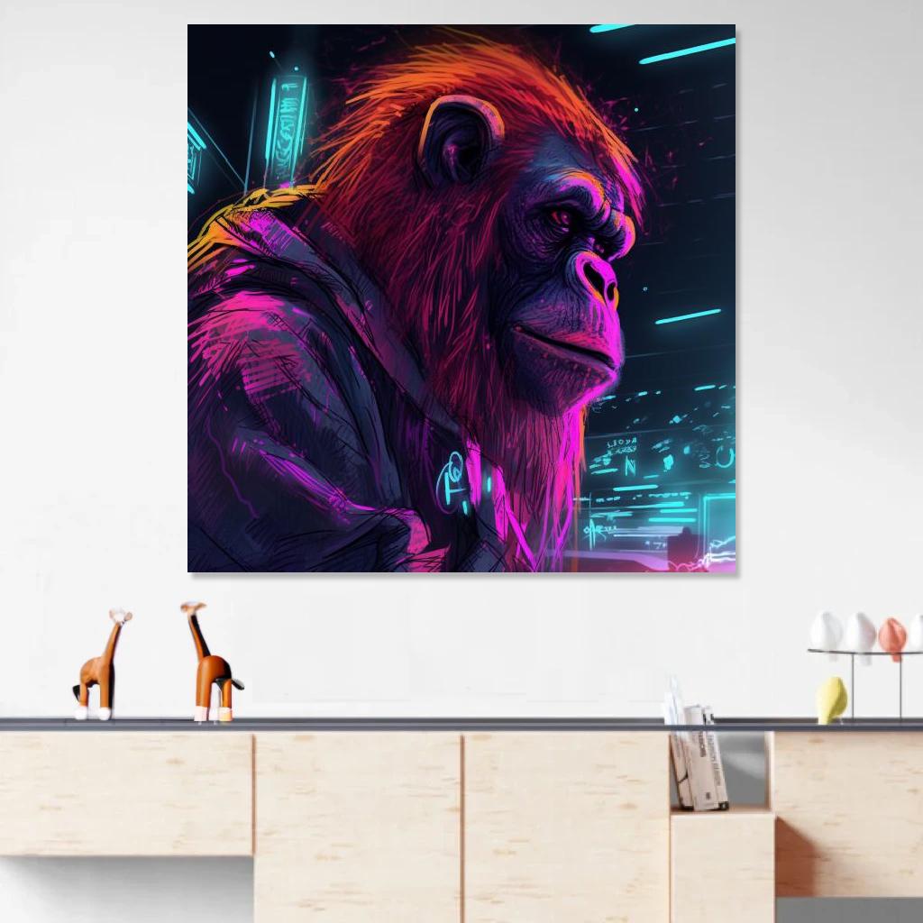 Picture of Orangutan Synthwave au dessus d'un meuble bas