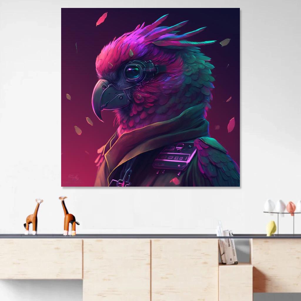 Picture of Parrot Synthwave au dessus d'un meuble bas