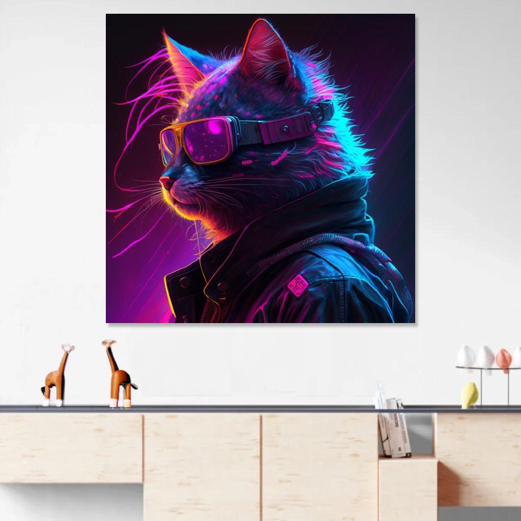 Picture of Cat Synthwave au dessus d'un meuble bas