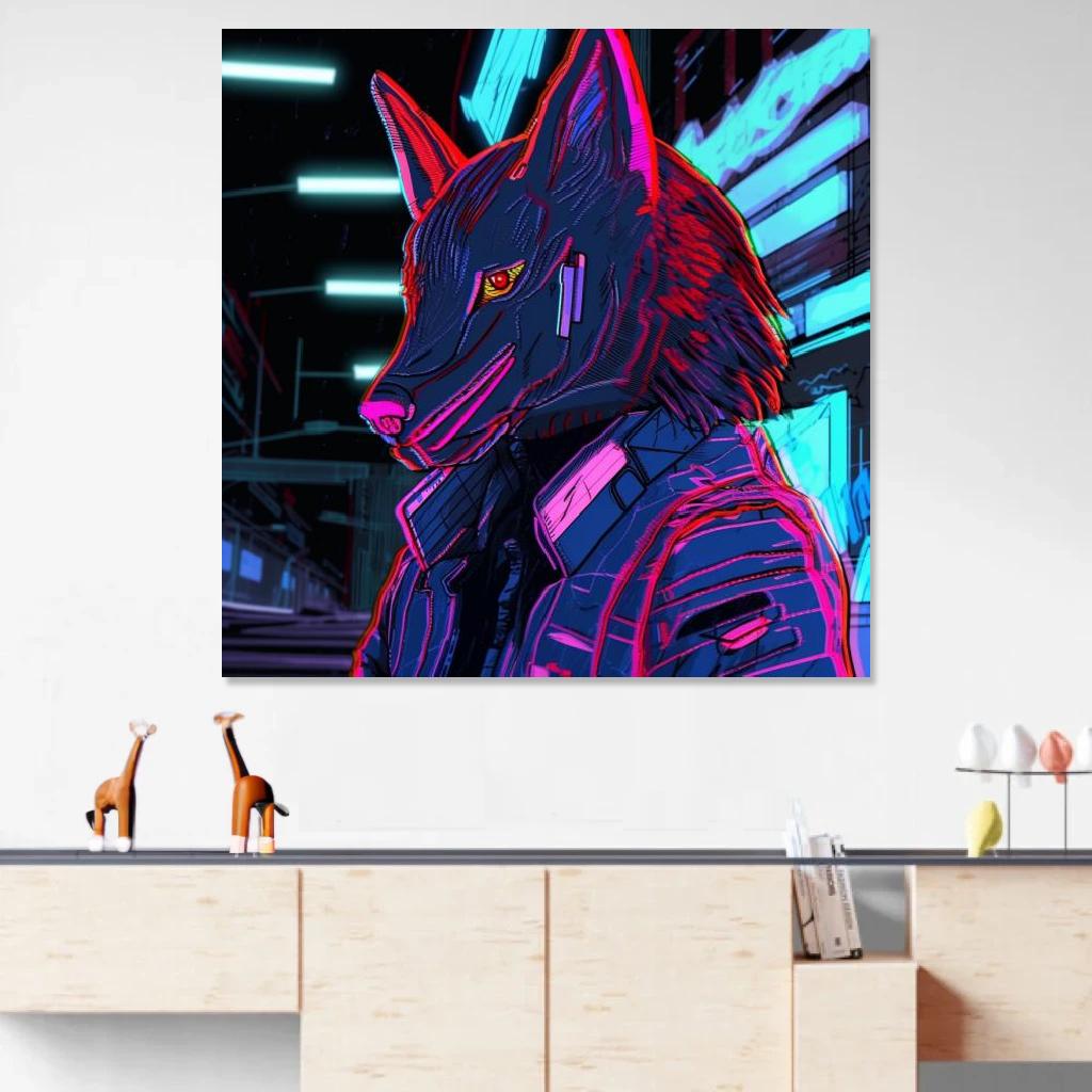 Picture of Wolf Synthwave au dessus d'un meuble bas