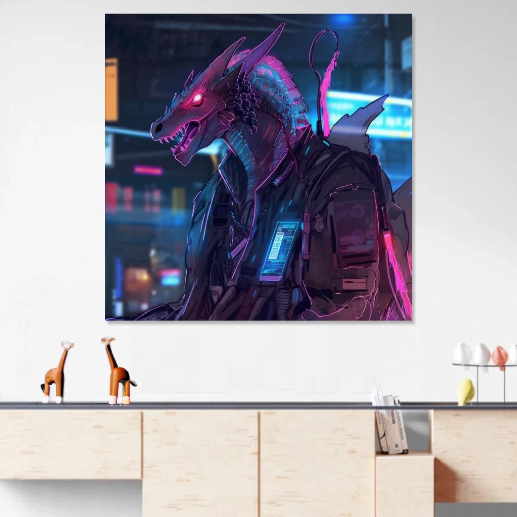 Picture of Dragon Synthwave au dessus d'un meuble bas