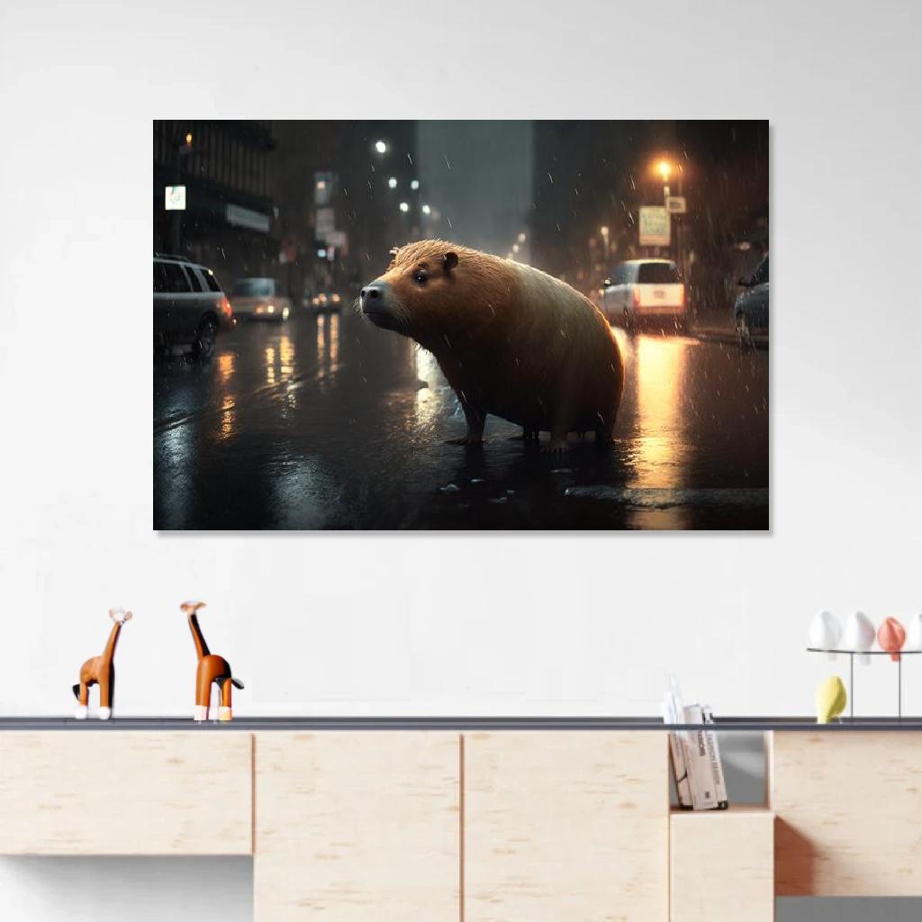 Picture of Capybara Rainy Night au dessus d'un meuble bas