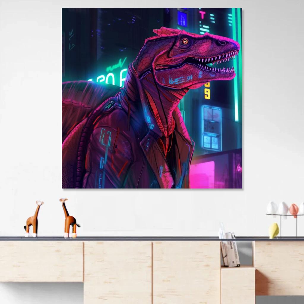 Picture of Dinosaur Synthwave au dessus d'un meuble bas