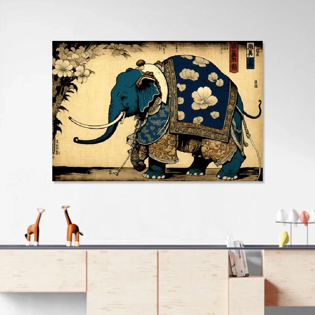 Picture of Elephant Ukiyo-e au dessus d'un meuble bas