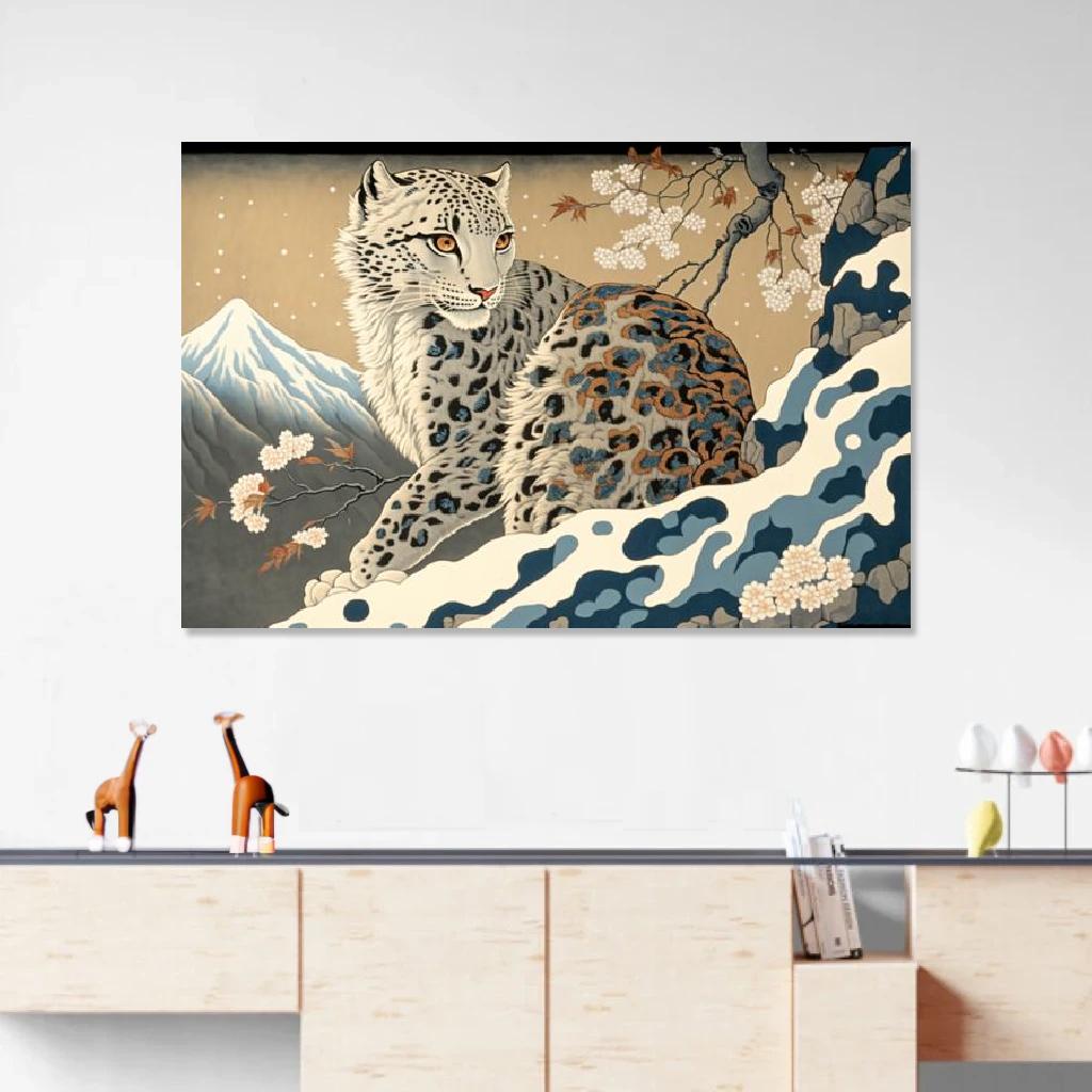Picture of Snow leopard Ukiyo-e au dessus d'un meuble bas