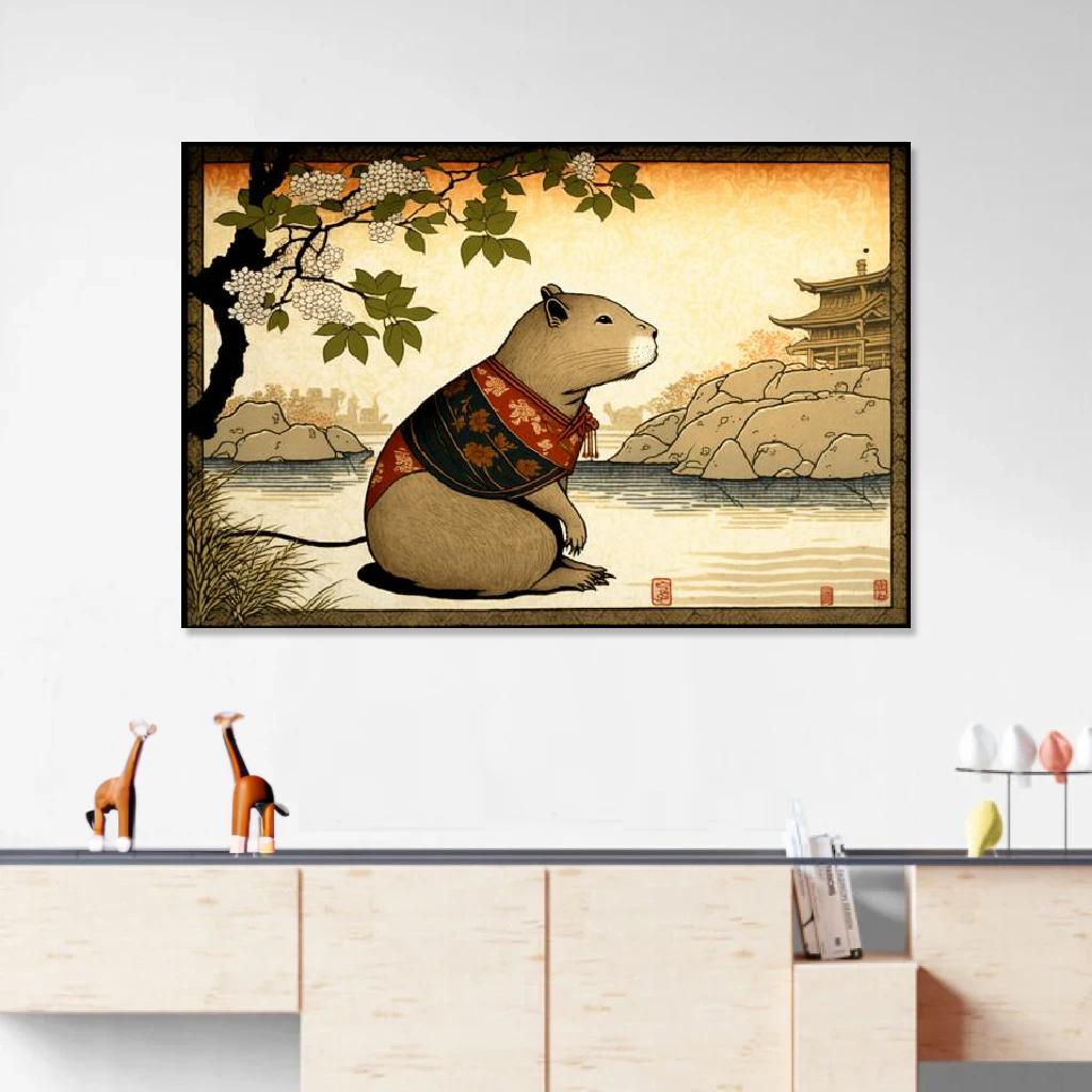 Picture of Capybara Ukiyo-e au dessus d'un meuble bas