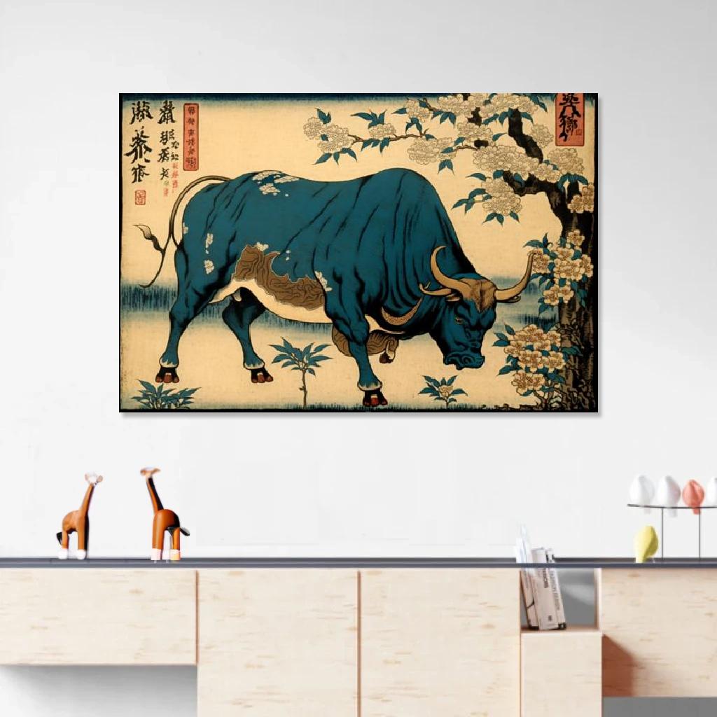 Picture of Bull Ukiyo-e au dessus d'un meuble bas