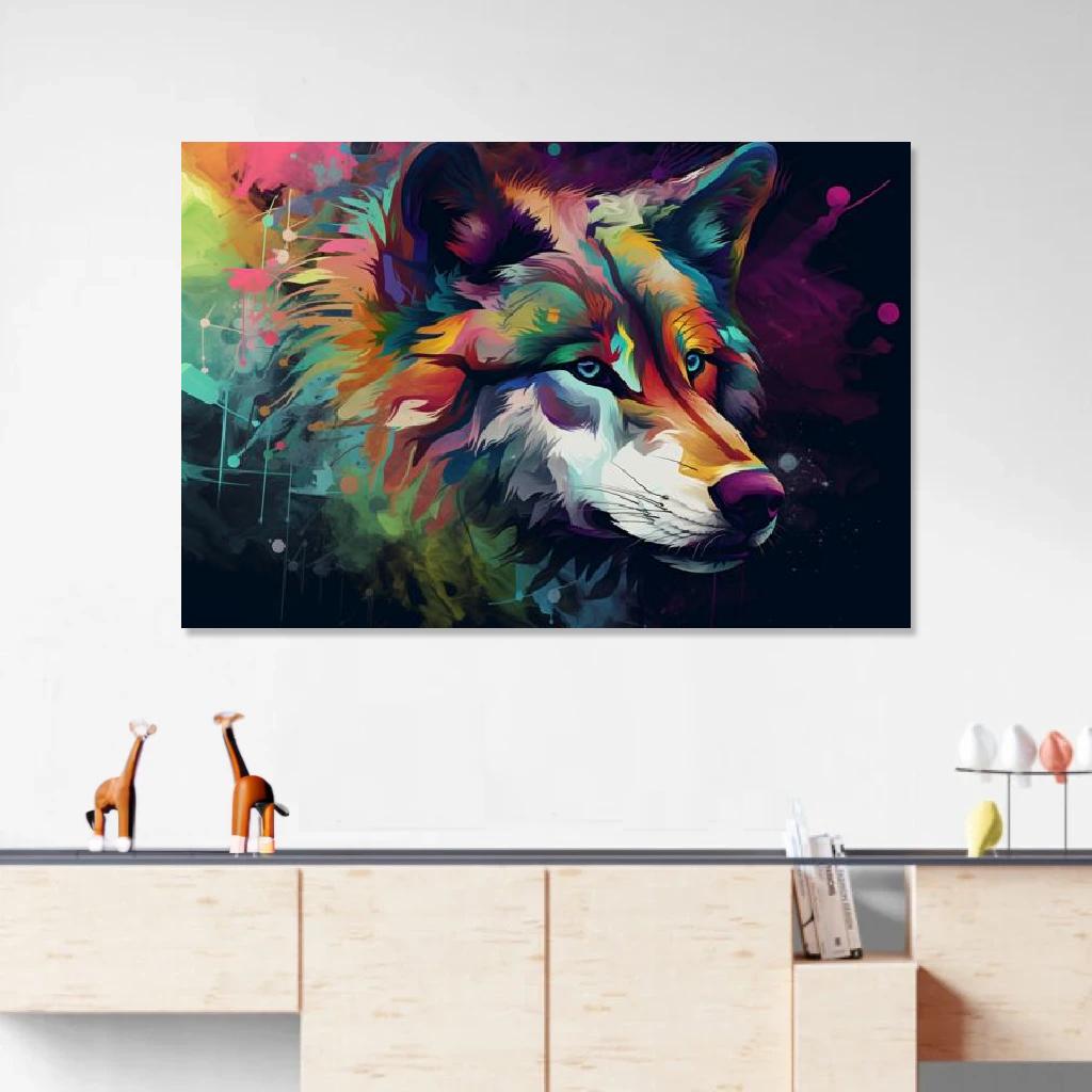 Picture of Wolf Abstract Art au dessus d'un meuble bas
