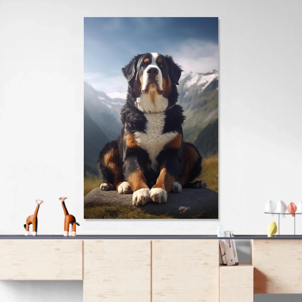 Picture of Bernese mountain dog Yoga au dessus d'un meuble bas