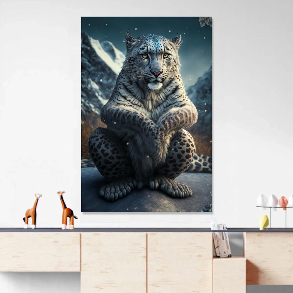 Picture of Snow leopard Yoga au dessus d'un meuble bas