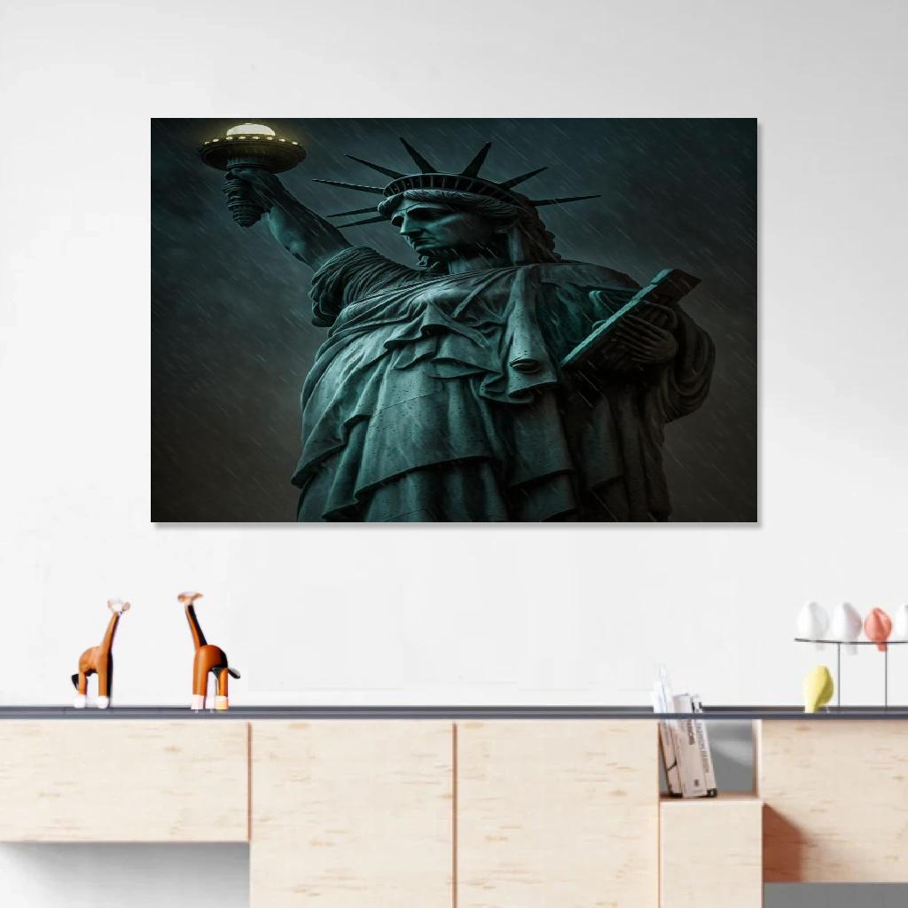 Picture of Statue of Liberty Rainy Night au dessus d'un meuble bas