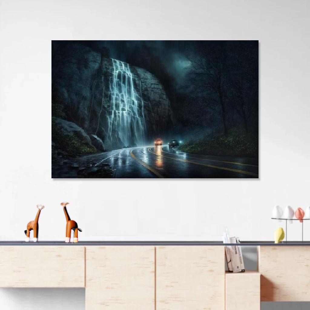 Picture of Waterfall Rainy Night au dessus d'un meuble bas