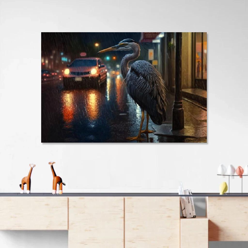 Picture of Heron Rainy Night au dessus d'un meuble bas