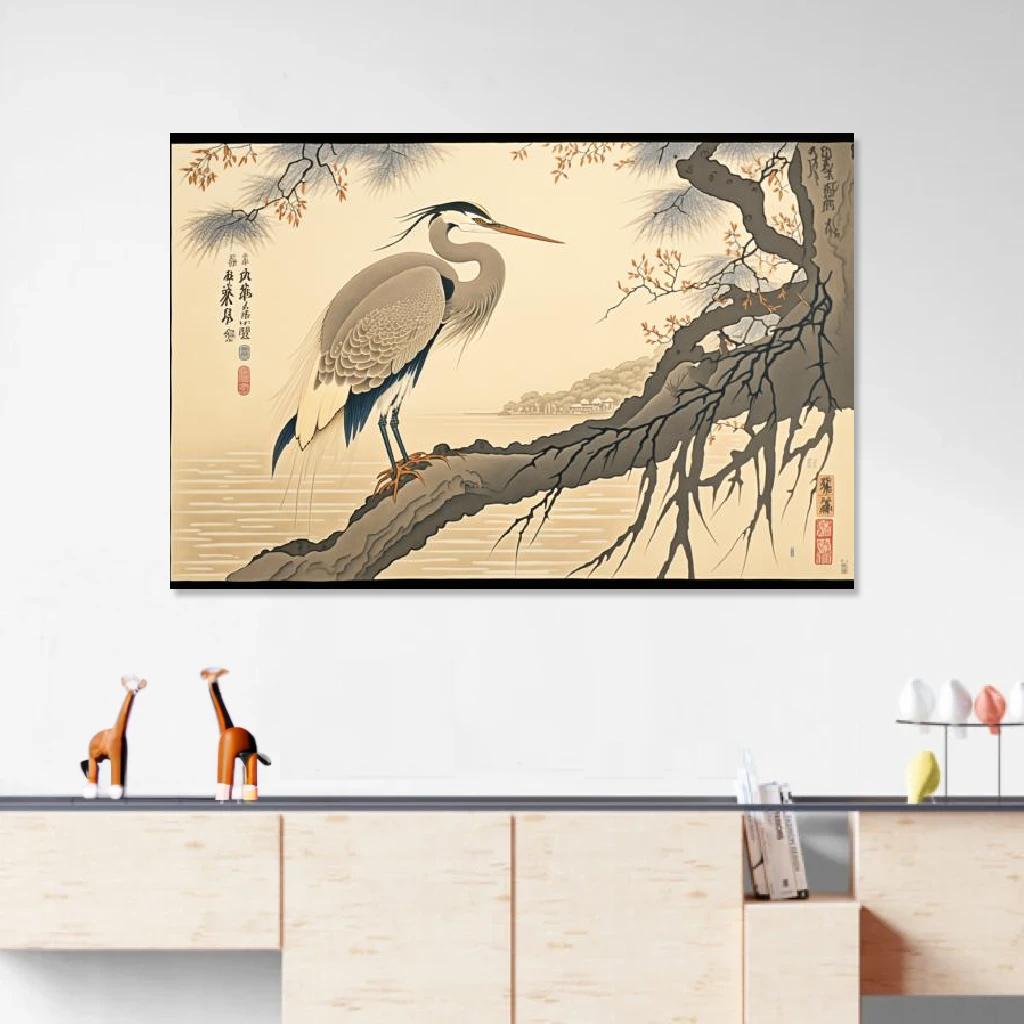 Picture of Heron Ukiyo-e au dessus d'un meuble bas