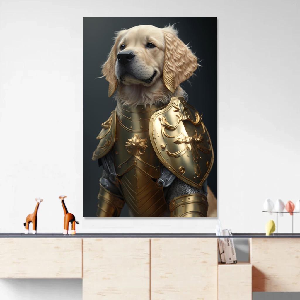 Picture of Golden retriever Armor au dessus d'un meuble bas