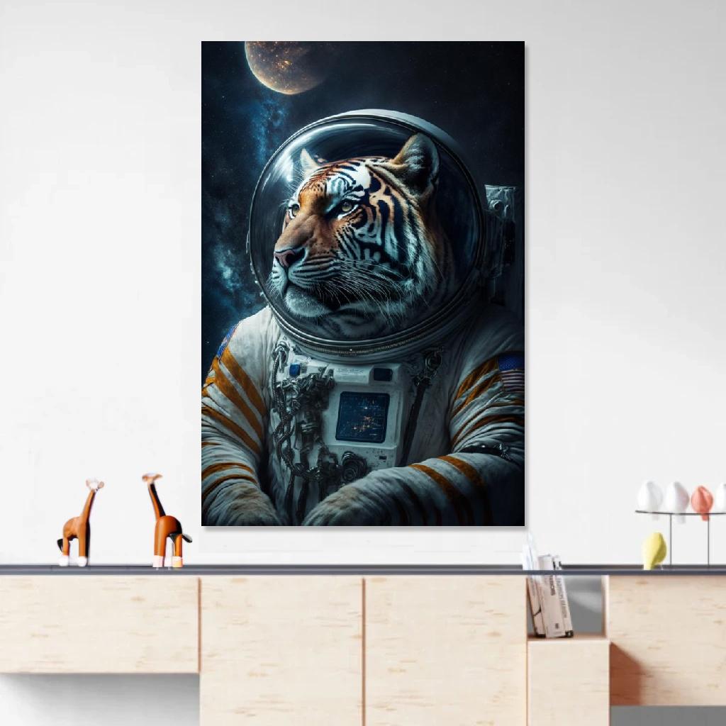 Tableau Tigre Astronaute au dessus d'un meuble bas