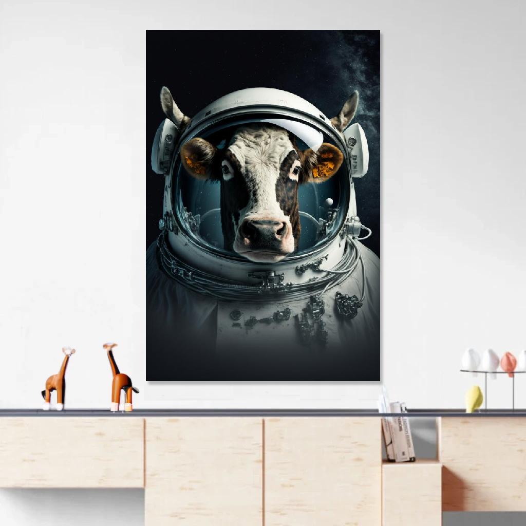 Tableau Vache Astronaute au dessus d'un meuble bas