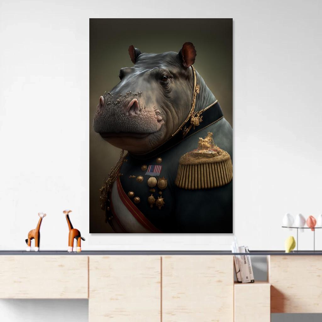 Tableau Hippopotame Soldat De Napoléon au dessus d'un meuble bas
