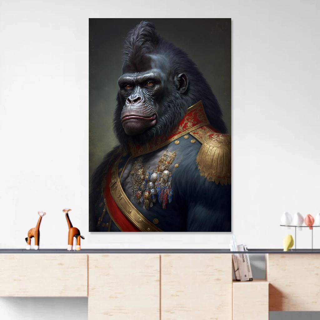 Tableau Gorille Soldat De Napoléon au dessus d'un meuble bas