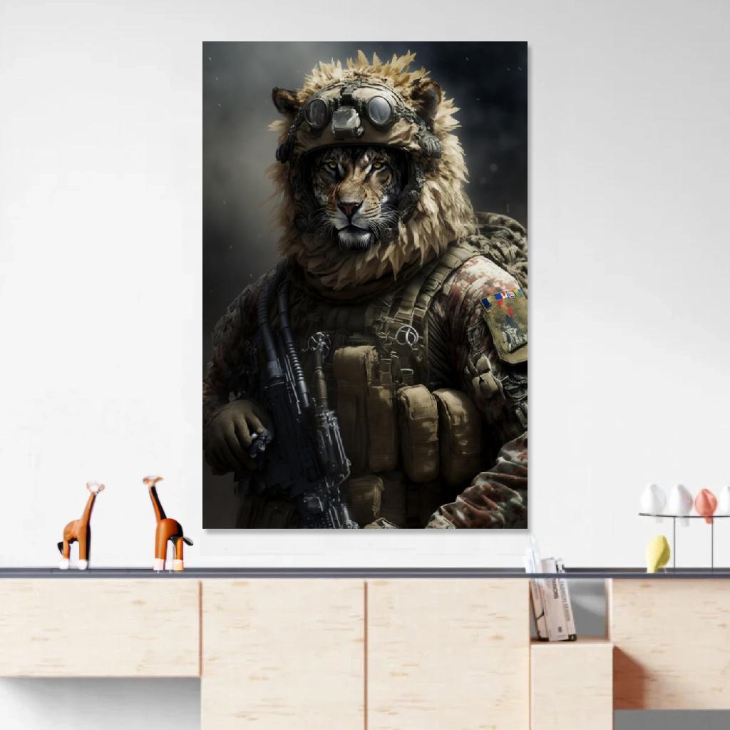 Tableau Lion Soldat au dessus d'un meuble bas