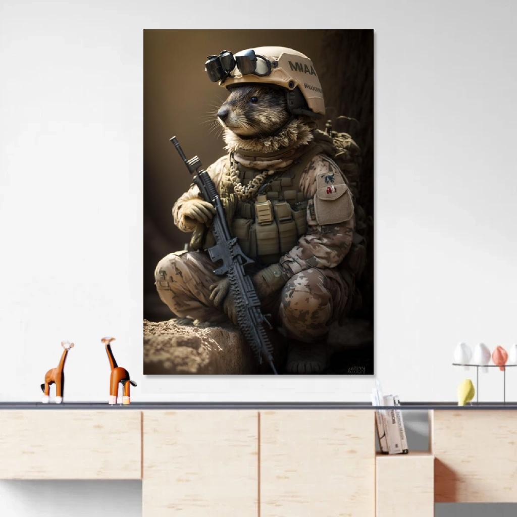 Tableau Marmotte Soldat au dessus d'un meuble bas
