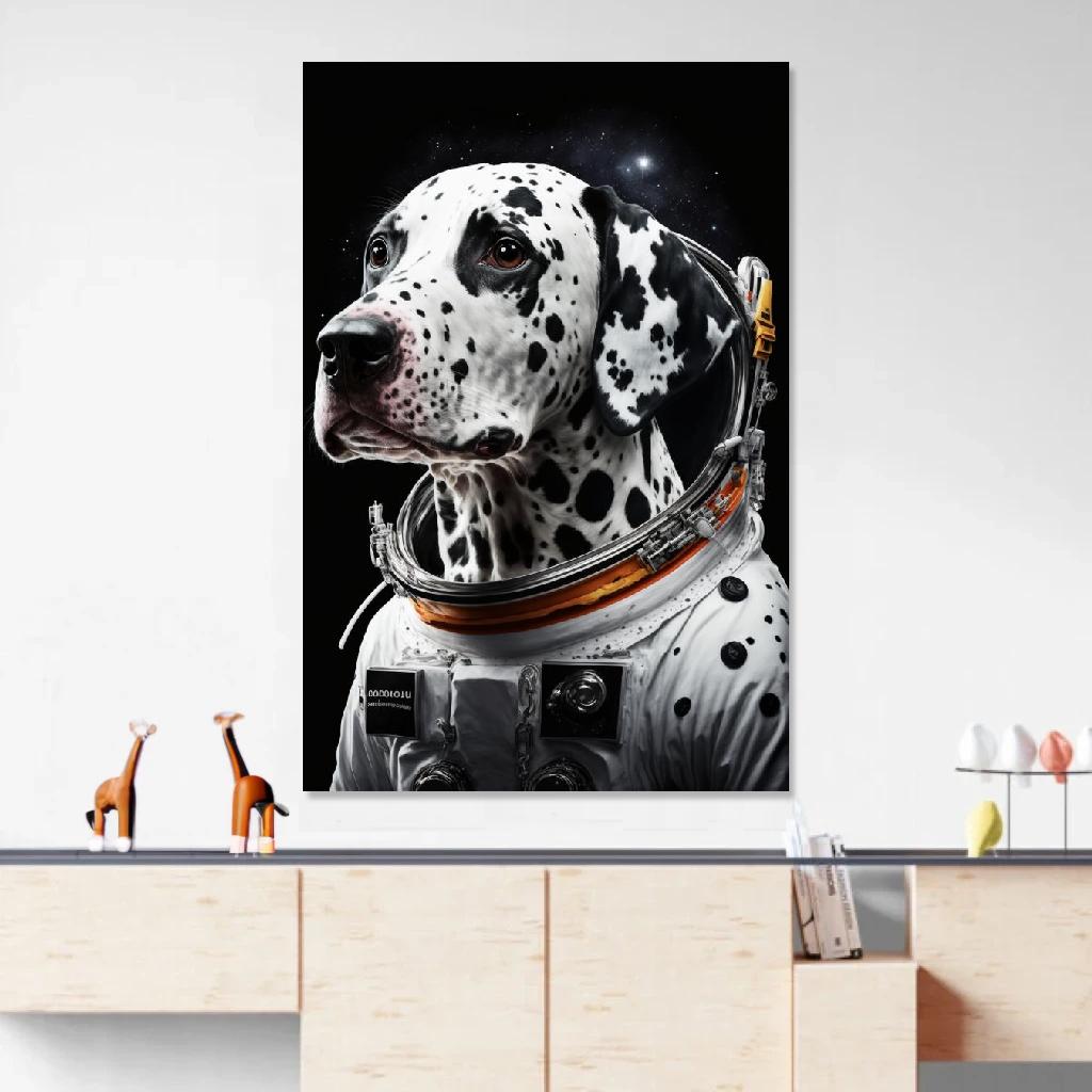 Tableau Dalmatien Astronaute au dessus d'un meuble bas