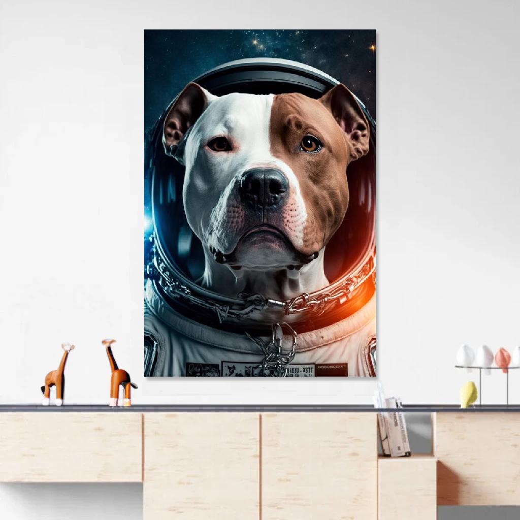 Tableau Pitbull Astronaute au dessus d'un meuble bas