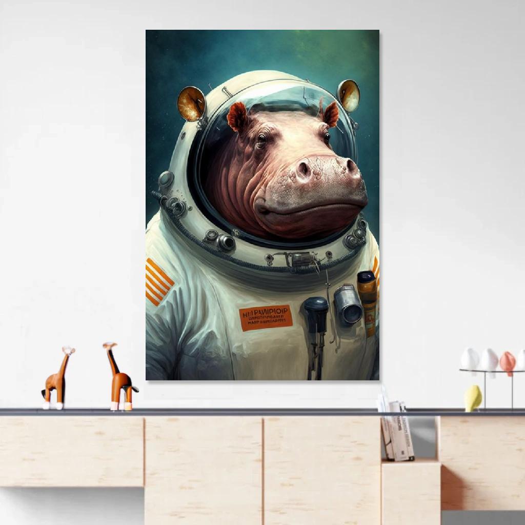 Tableau Hippopotame Astronaute au dessus d'un meuble bas