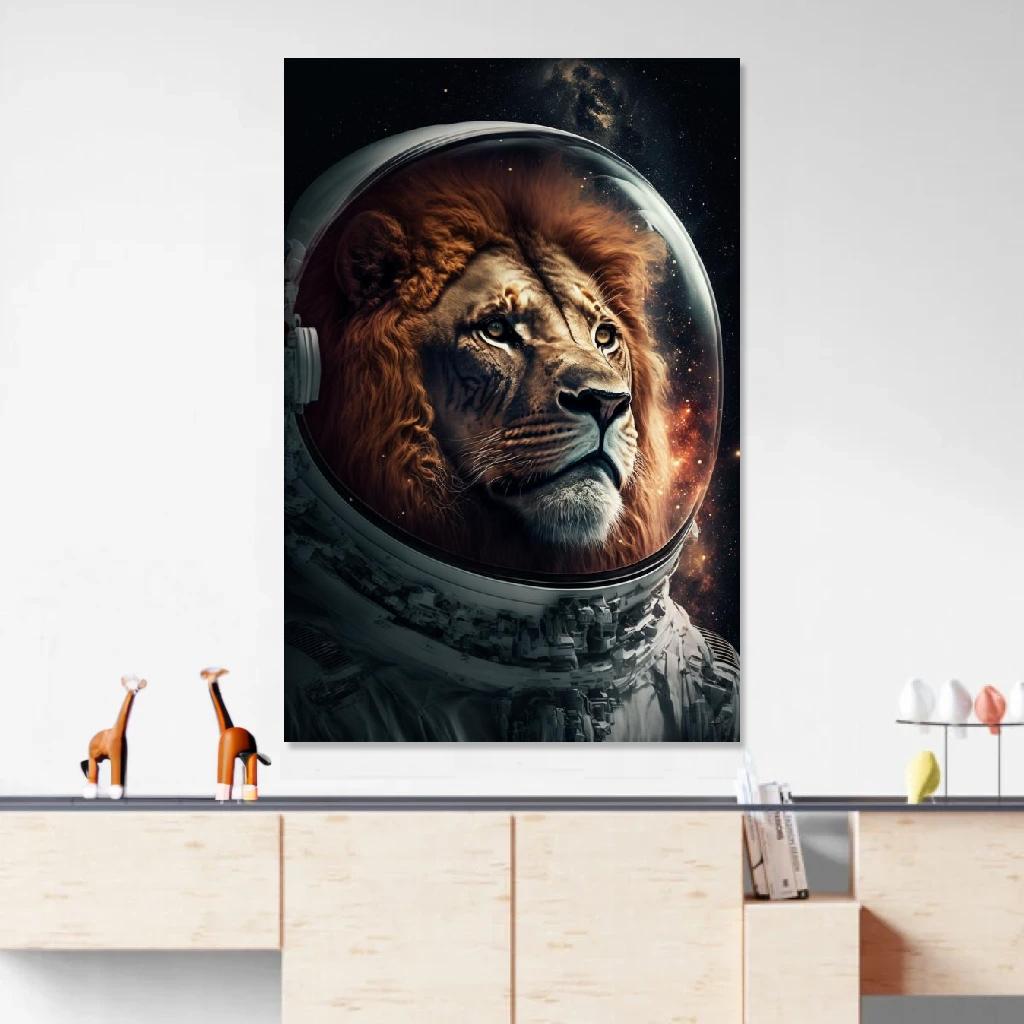 Tableau Lion Astronaute au dessus d'un meuble bas