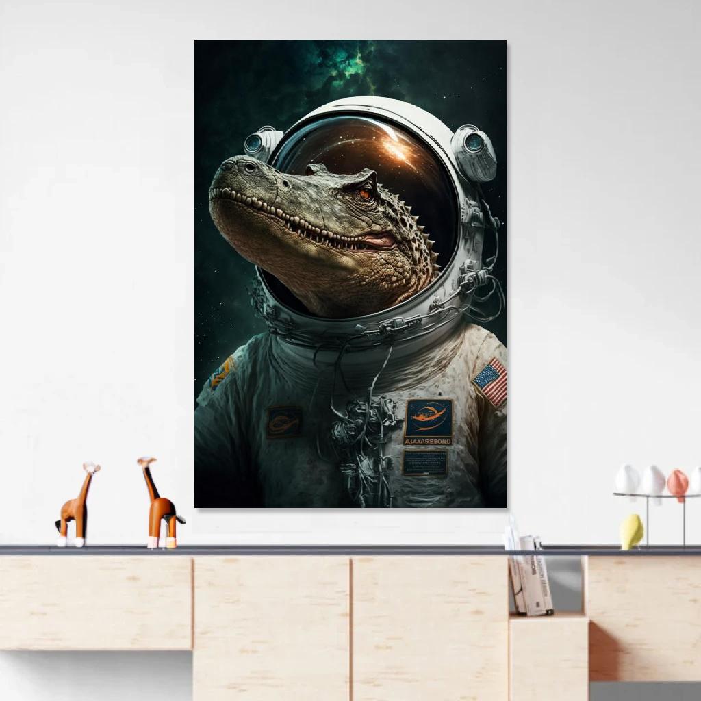 Tableau Crocodile Astronaute au dessus d'un meuble bas