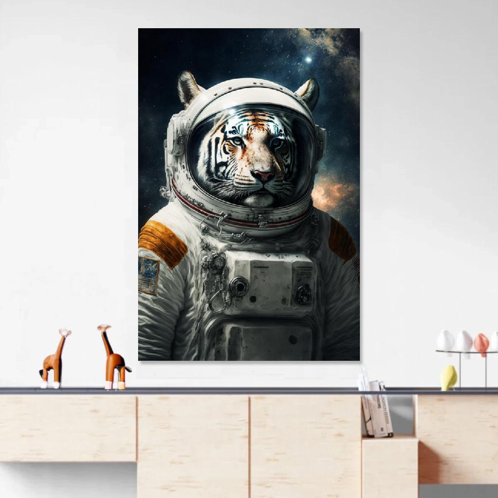 Tableau Tigre blanc Astronaute au dessus d'un meuble bas