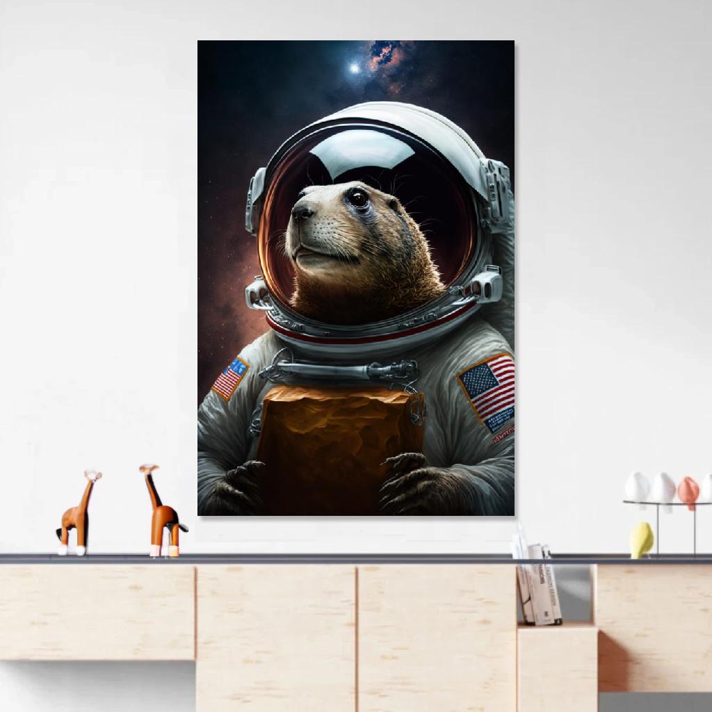 Tableau Marmotte Astronaute au dessus d'un meuble bas