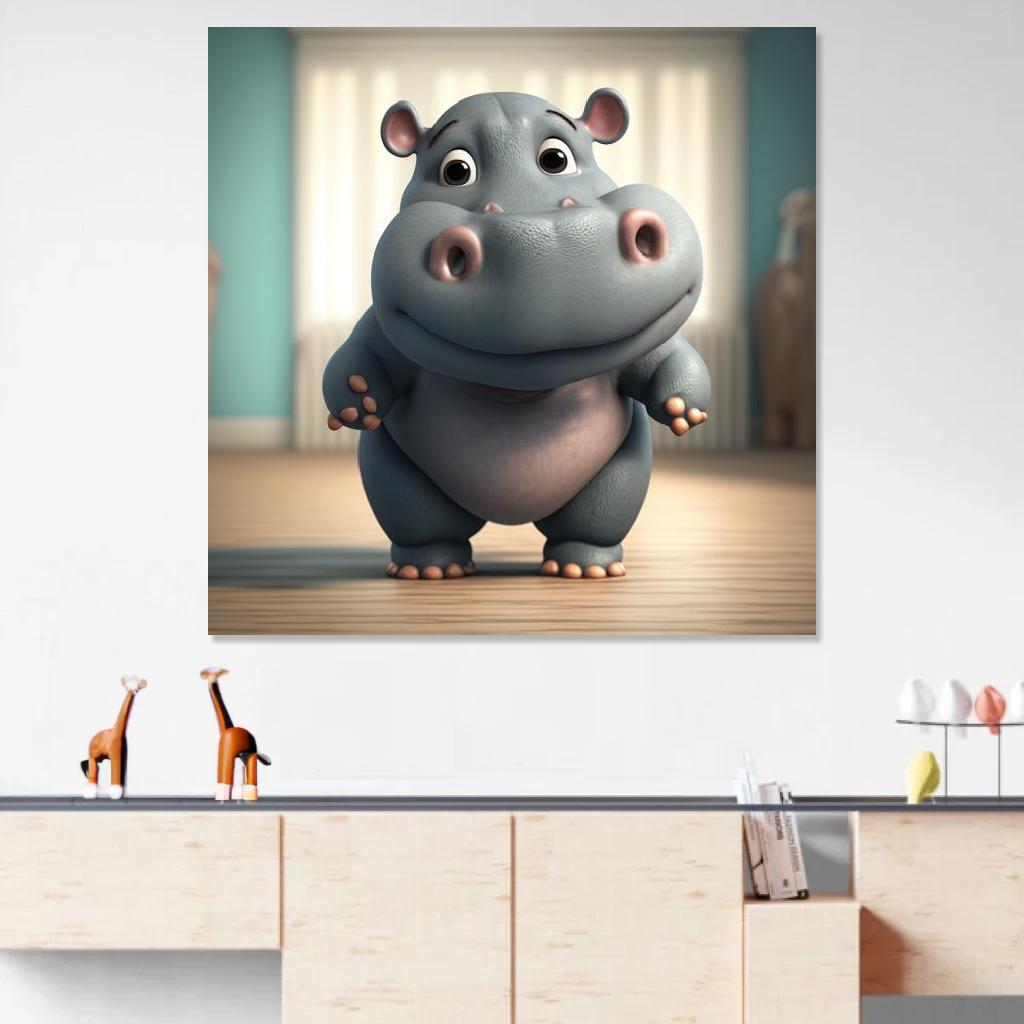 Tableau Hippopotame Bébé au dessus d'un meuble bas