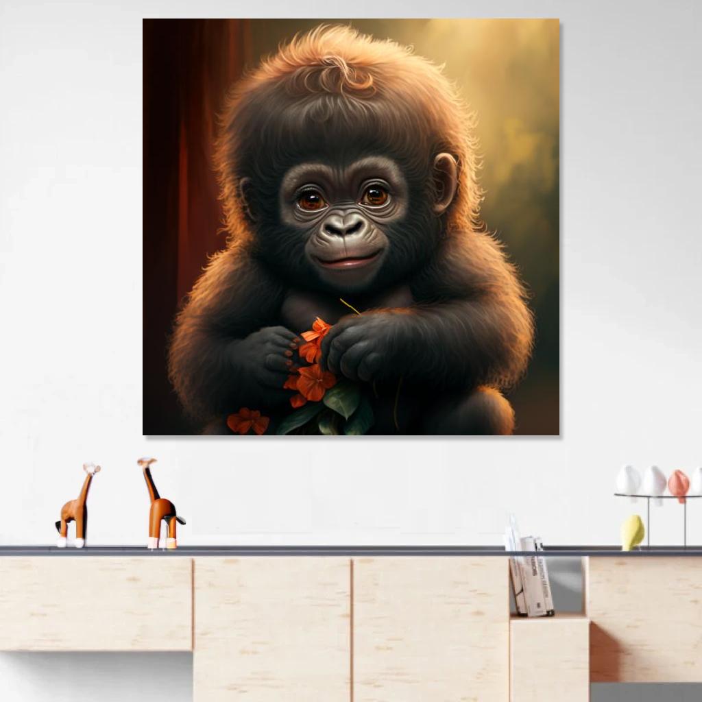 Tableau Gorille Bébé au dessus d'un meuble bas
