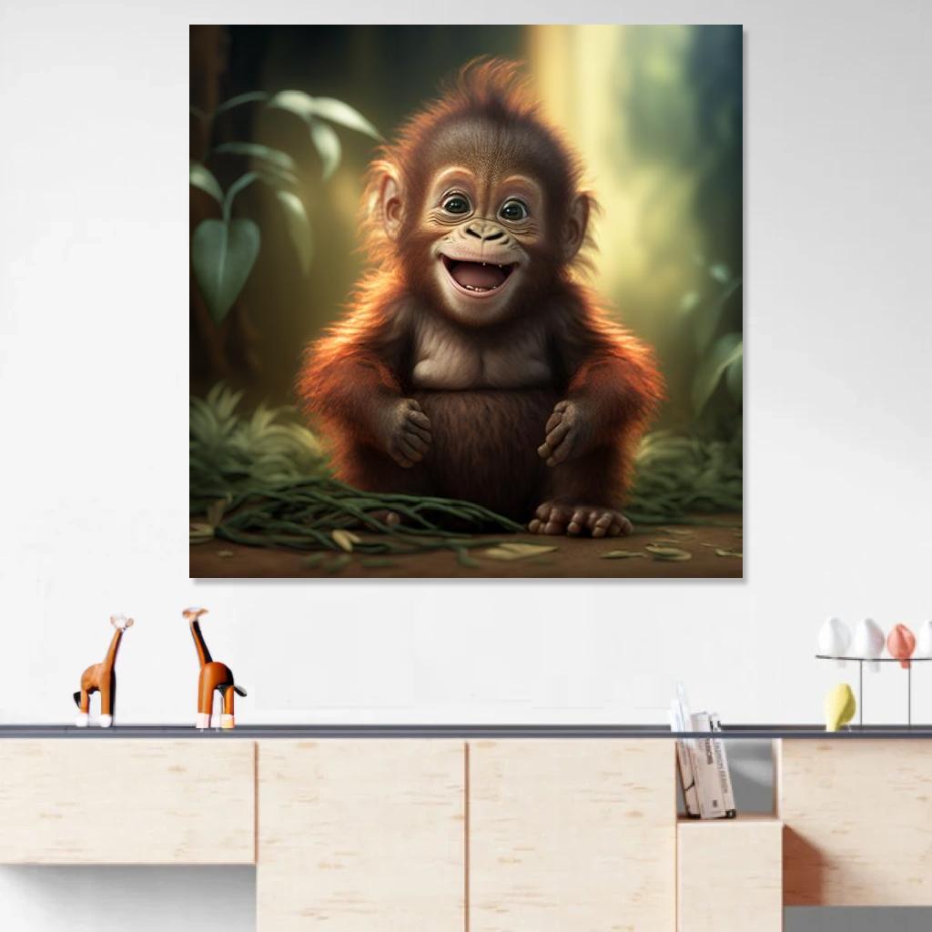Tableau Orang-outan Bébé au dessus d'un meuble bas