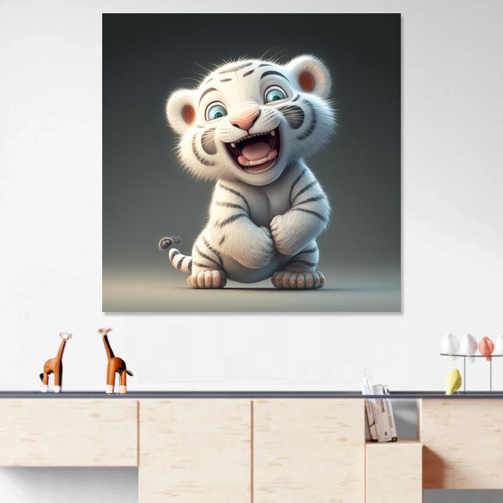 Tableau Tigre blanc Bébé au dessus d'un meuble bas