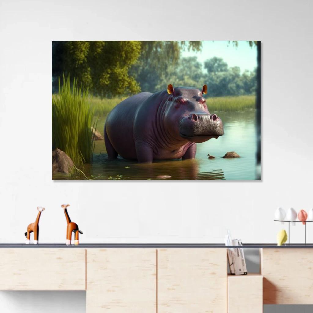 Tableau Hippopotame Dans Son Environnement Naturel au dessus d'un meuble bas
