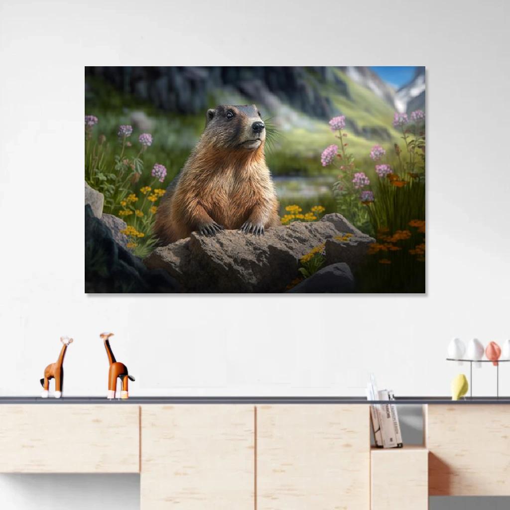 Tableau Marmotte Dans Son Environnement Naturel au dessus d'un meuble bas