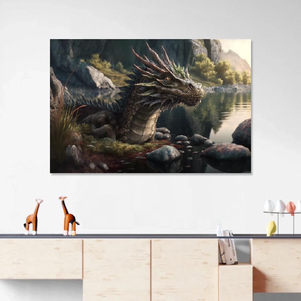 Tableau Dragon Dans Son Environnement Naturel au dessus d'un meuble bas