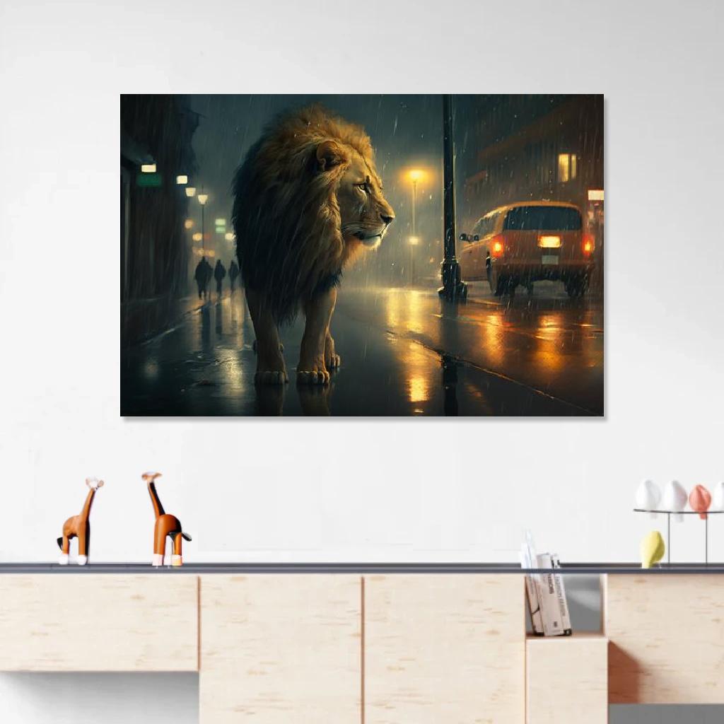 Tableau Lion Nuit Pluvieuse au dessus d'un meuble bas