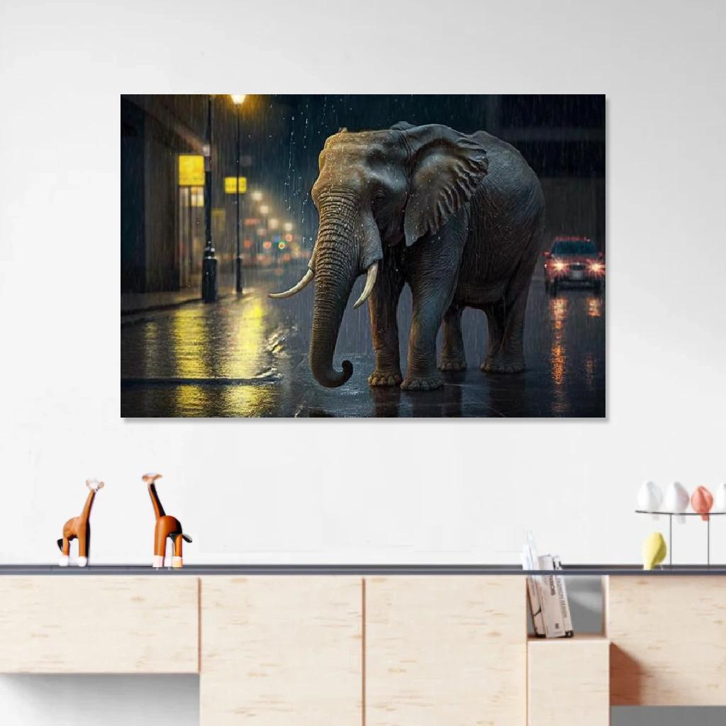 Tableau éléphant Nuit Pluvieuse au dessus d'un meuble bas
