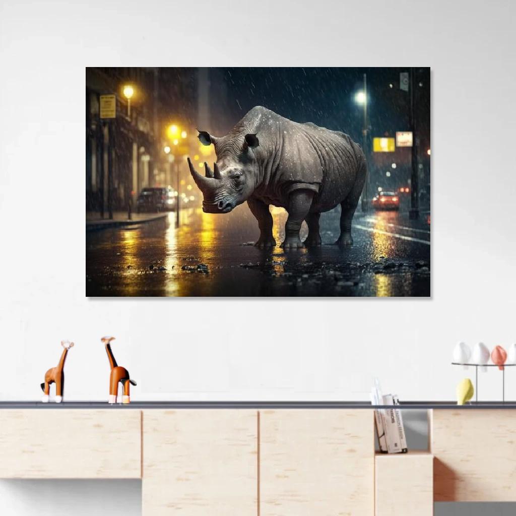 Tableau Rhinocéros Nuit Pluvieuse au dessus d'un meuble bas